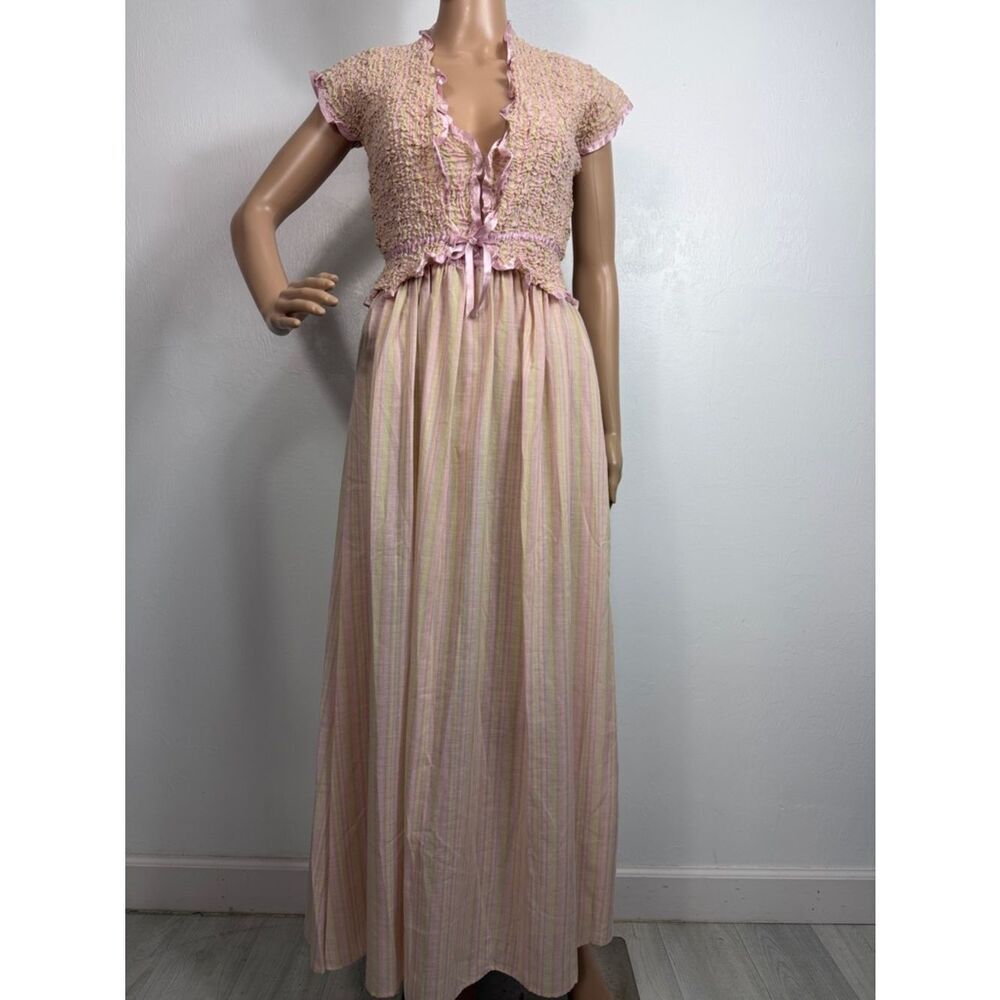 Stan Herman Stripe Smocked Nightgown Matching Top Ruffle Trim Cottagecore XS - Picture 2 of 10